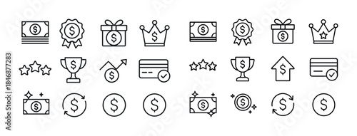 Money and reward icons set: currency, trophies, gifts, crowns, a