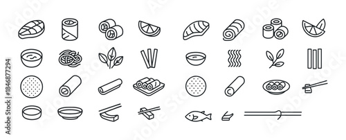 Assorted sushi and asian cuisine icons in thin line art style