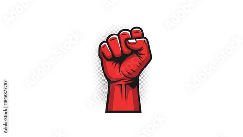 A red raised fist with clenched hand and white nails on a white background with black shading