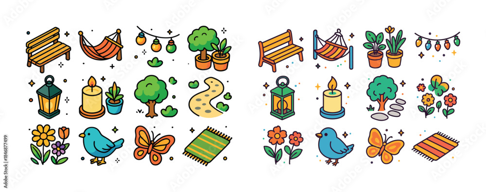Fototapeta premium Colorful garden doodles featuring birds, hammocks, and plants