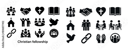 Christian fellowship icons: church, community, worship, bible, p