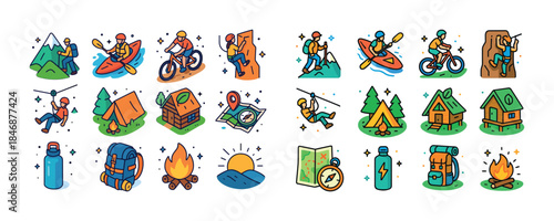 Outdoor adventure icons set featuring camping hiking climbing ca