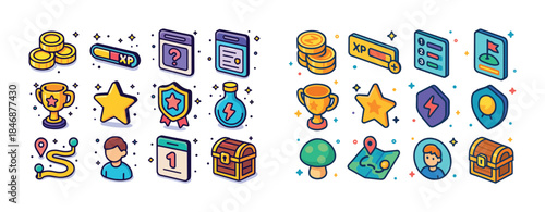 Colorful game icons set: trophies, maps, shields, coins, and cha