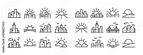 Minimalist city and sunset icons set with urban skyline elements