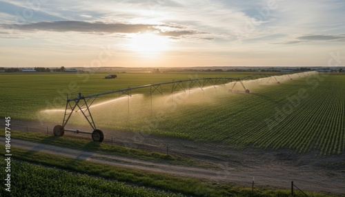 A vast agricultural field with an irrigation system in action under a sunset sky, showcasing sustainable farming practices.