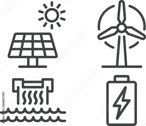 Renewable energy line icons solar wind hydro battery power generation sustainable electricity outline vector illustration set