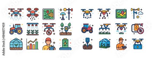 Smart agriculture icons set featuring drones and farming technol