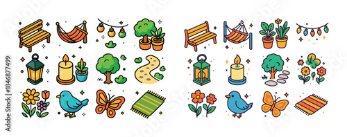Colorful garden doodles featuring birds, hammocks, and plants