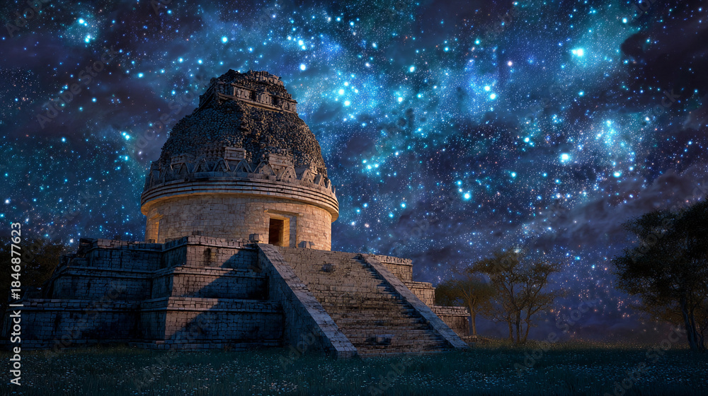 Fototapeta premium Starry night over ancient structure in dark sky