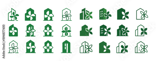 Green eco-friendly house icons with leaf and building symbols