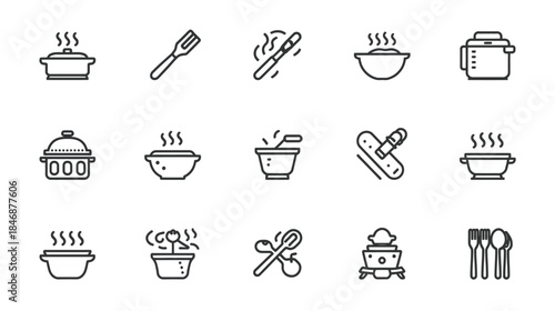 Collection of stylized line art icons representing kitchen utensils and cookware, perfect for culinary or recipe related content