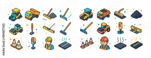 Construction and roadwork equipment icons featuring vehicles and