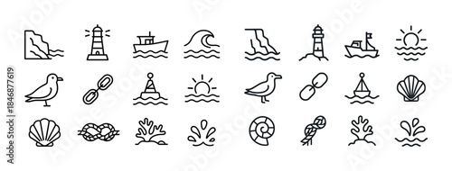 Coastal nautical icons set featuring lighthouse, seagull, wave,