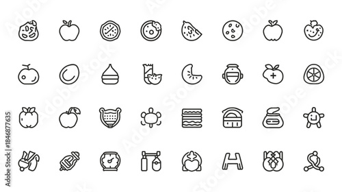 A collection of various food and grocery icons, including fruits, vegetables, and other edible items
