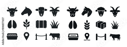 Farm animal icons and agriculture symbols collection in black si