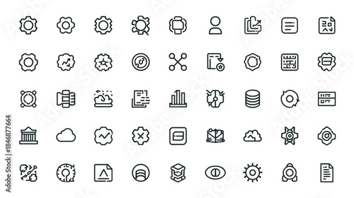 Modern icon set of technology, business, and data symbols for web and app design