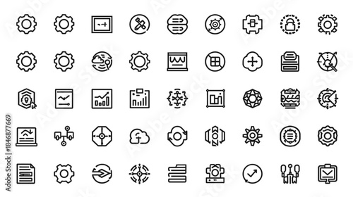 Diverse collection of outlined icons representing technology, business, and data analysis concepts
