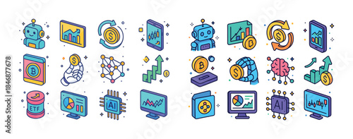 Colorful cryptocurrency and ai technology icons with graphs and