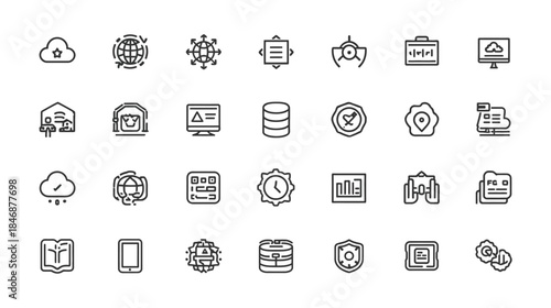 Cloud Computing Icons Representing Data Storage, Networking, and Security Concepts