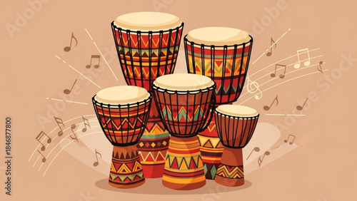 Vibrant colorful hand painted african djembe drums with musical notes on peach background