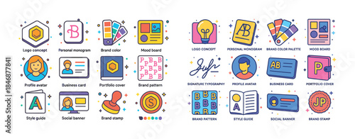 Colorful branding icons set: logos, avatars, business cards, moo
