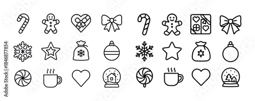 Christmas icon set: candy cane, gingerbread, snowflakes, ornamen