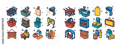 Colorful supermarket icons: carts, checkout, produce, and sale s