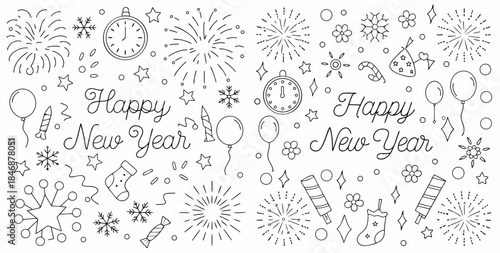 Happy New Year celebration elements with fireworks and decorations