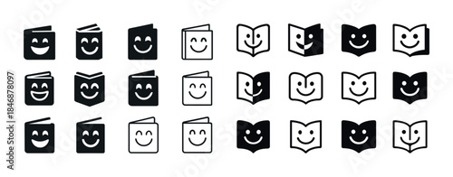 Smiling book and face icons collection in black and white for ed