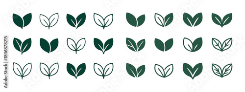 Collection of minimalist leaf icons in various styles and shades