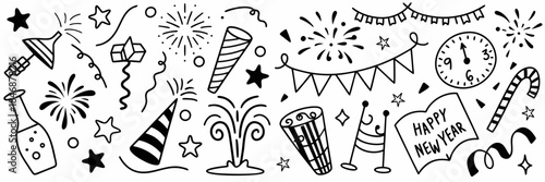 New Year's celebration doodles with fireworks and party hats