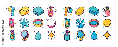 Cute skincare and bath icons set: sponges, towels, bottles, mirr