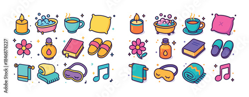 Relaxation icons: candle, bathtub, tea, pillow, flower, book, sl