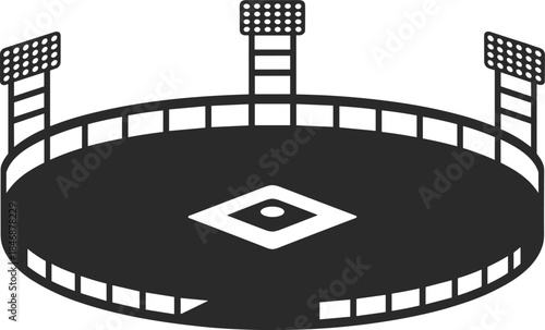 Minimalist black stadium icon with floodlights sports arena silhouette symbol for football baseball events and urban recreation