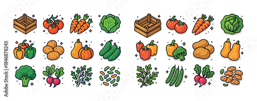 Colorful variety of fresh vegetables with wooden crates and herb