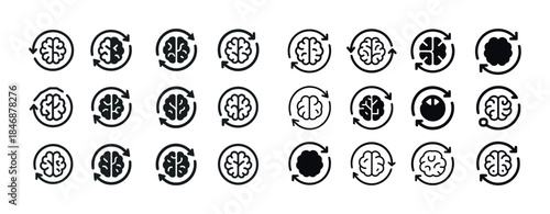 Collection of brain icons with circular arrows illustrating diff