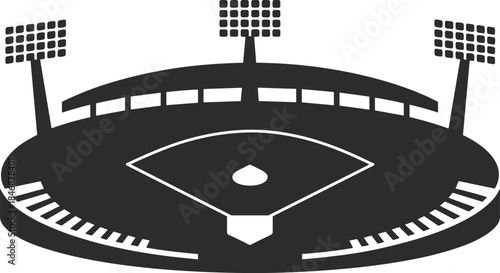 Minimalist black stadium icon with floodlights sports arena silhouette symbol for football baseball events and urban recreation