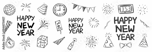 New Year celebration doodles and party elements