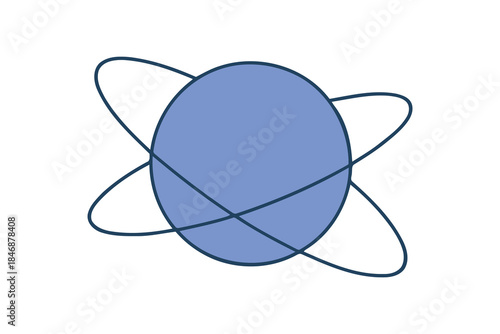 A simple line art illustration depicting a stylized atom or celestial body with orbits