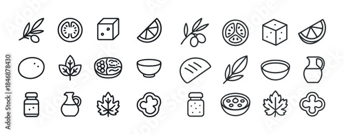 Outline style food icons set featuring fruits, herbs, spices, an