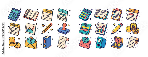 Colorful financial and tax icons collection for budgeting and an