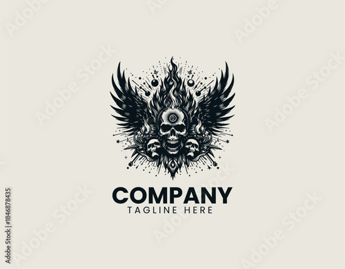 Mystical resurrection phoenix skull is represented as a symbolic and powerful black vector logo illustration