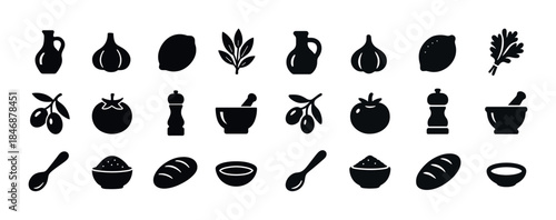 Silhouette icons of mediterranean cuisine ingredients and utensi