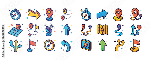 Colorful navigation and location icon set with arrows and maps