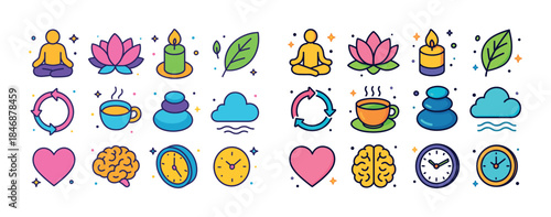 Colorful wellness and relaxation icons featuring meditation, aro