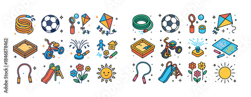 Colorful outdoor playground elements with toys and nature icons