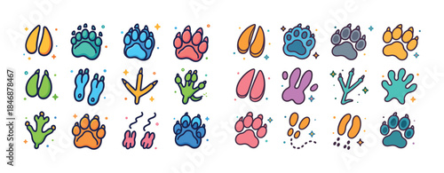 Colorful animal paw and footprint icons in various styles and co