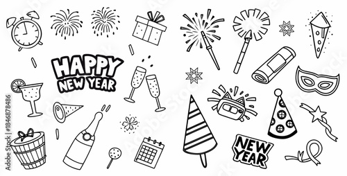 Happy New Year celebration icons and symbols