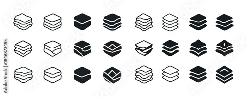 Collection of geometric layered icons in black and white