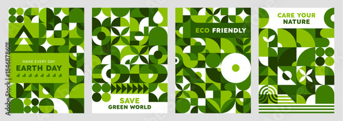 Save the Earth and nature environment ecology posters with geometric Bauhaus pattern. Nature Earth day holiday, save environment vector flyers. Ecology and nature protection Bauhaus shapes posters